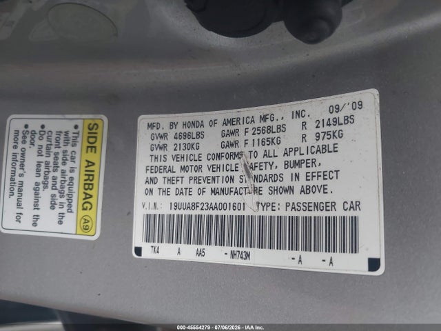 Aukcja sprzedaży 2010 Acura Tl 3.5, vin: 19UUA8F23AA001601, numer aukcji: 45554279