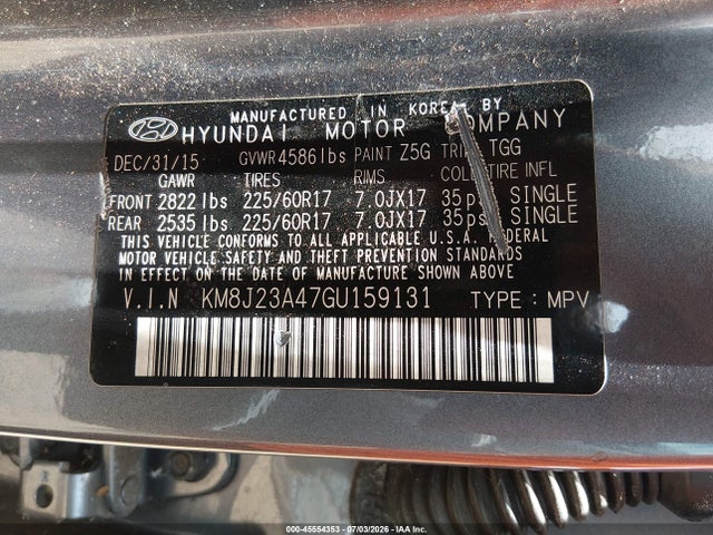 Продажа на аукционе авто 2016 Hyundai Tucson Se, vin: KM8J23A47GU159131, номер лота: 45554353