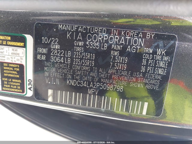 Продажа на аукционе авто 2023 Kia Ev6 Wind, vin: KNDC34LA2P5098798, номер лота: 45554359