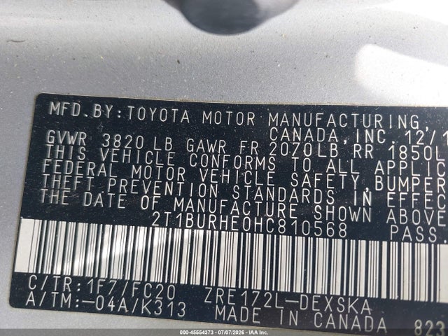 2017 Toyota Corolla Se მანქანა იყიდება აუქციონზე, vin: 2T1BURHE0HC810568, აუქციონის ნომერი: 45554373
