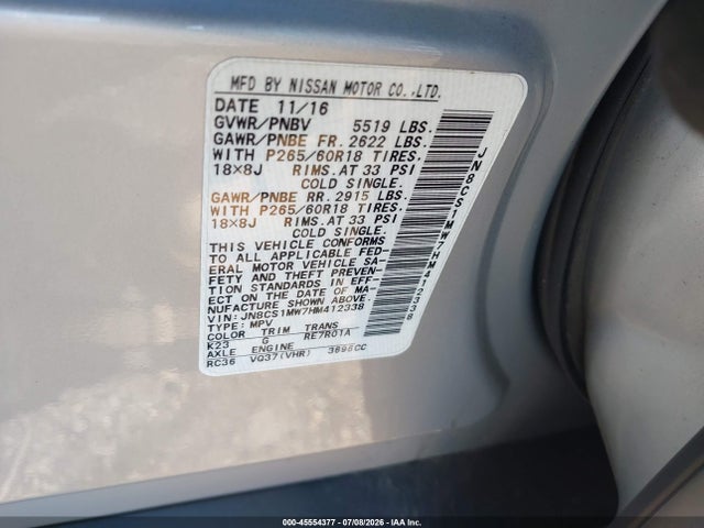 Aukcja sprzedaży 2017 Infiniti Qx70, vin: JN8CS1MW7HM412338, numer aukcji: 45554377