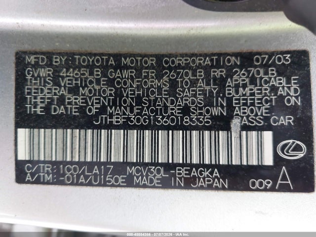 Aukcja sprzedaży 2003 Lexus Es 300, vin: JTHBF30G136018335, numer aukcji: 45554386