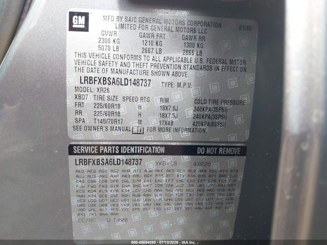45554395 :رقم المزاد ، LRBFXBSA6LD148737 vin ، 2020 Buick Envision Fwd Preferred مزاد بيع