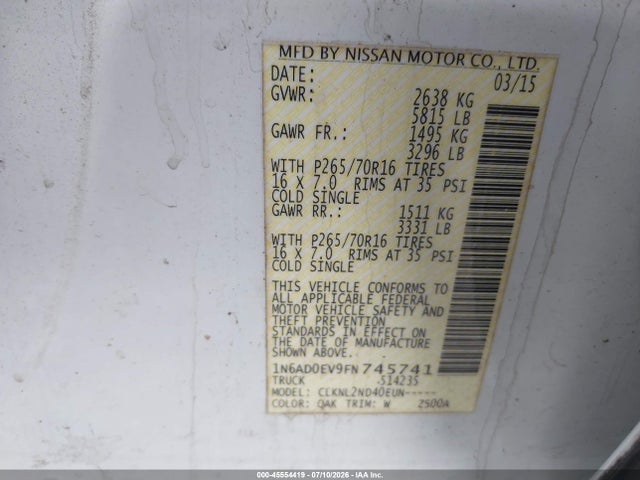 1N6AD0EV9FN745741 Nissan Frontier Pro-4x/s/sl/sv