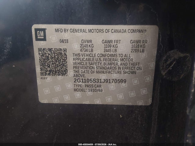 Aukcja sprzedaży 2018 Chevrolet Impala 1lt, vin: 2G1105S31J9170599, numer aukcji: 45554459