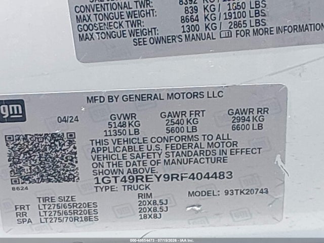 Aukcja sprzedaży 2024 Gmc Sierra 2500hd 4wd  Standard Bed Denali, vin: 1GT49REY9RF404483, numer aukcji: 45554473
