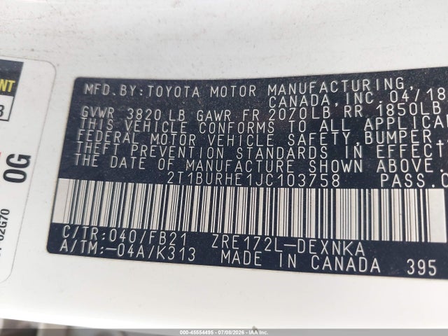 Продажа на аукционе авто 2018 Toyota Corolla Le, vin: 2T1BURHE1JC103758, номер лота: 45554495
