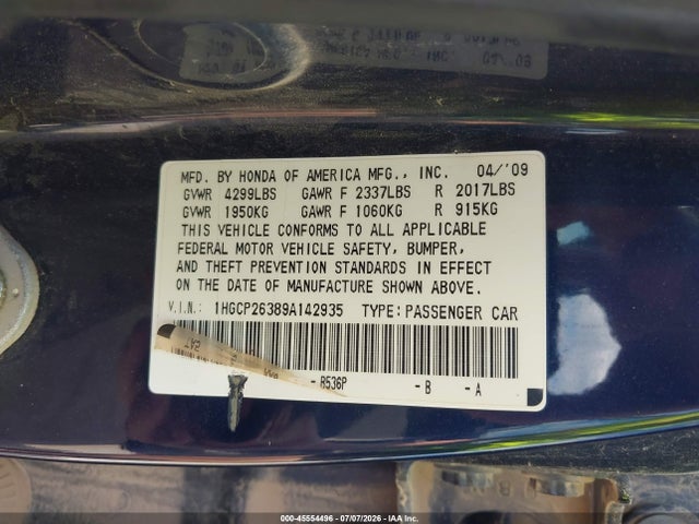 45554496 :رقم المزاد ، 1HGCP26389A142935 vin ، 2009 Honda Accord 2.4 Lx مزاد بيع