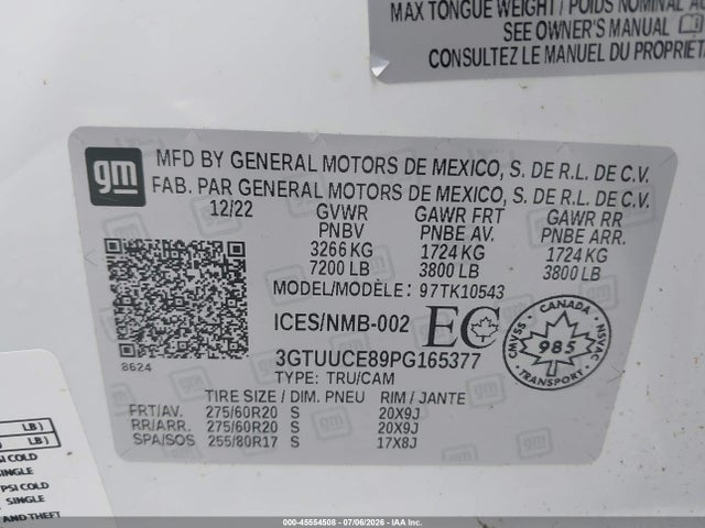 2023 Gmc Sierra 1500 Elevation მანქანა იყიდება აუქციონზე, vin: 3GTUUCE89PG165377, აუქციონის ნომერი: 45554508