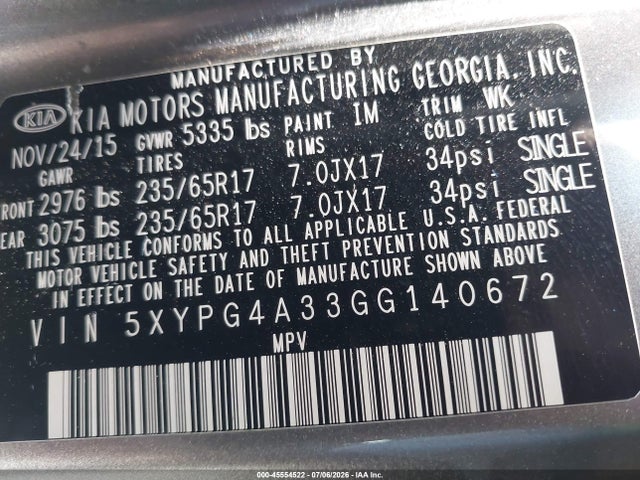 KIA Sorento 2.4l Lx 2016 5XYPG4A33GG140672 Image 9