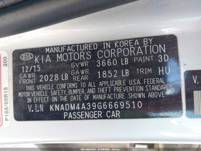 Продажа на аукционе авто 2016 Kia Rio Lx, vin: KNADM4A39G6669510, номер лота: 45554532