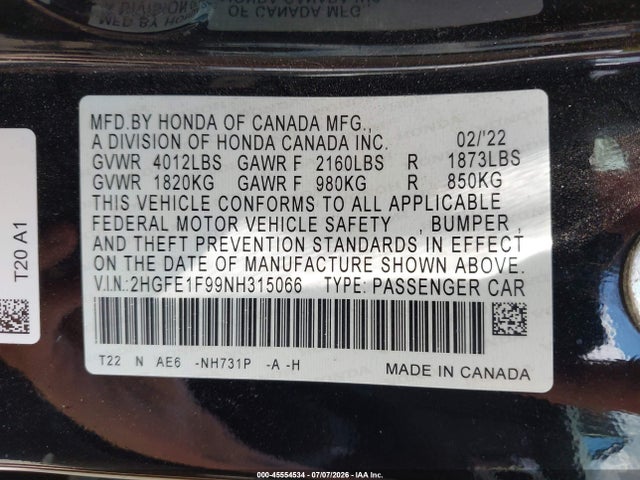 2HGFE1F99NH315066 Honda Civic Touring