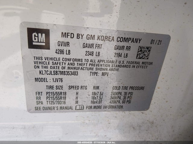 45554539 :رقم المزاد ، KL7CJLSB7MB353403 vin ، 2021 Chevrolet Trax Fwd Lt مزاد بيع