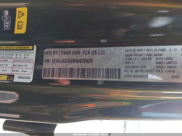 2021 Jeep Wrangler Unlimited Sahara მანქანა იყიდება აუქციონზე, vin: 1C4HJXEGXMW622459, აუქციონის ნომერი: 45554569