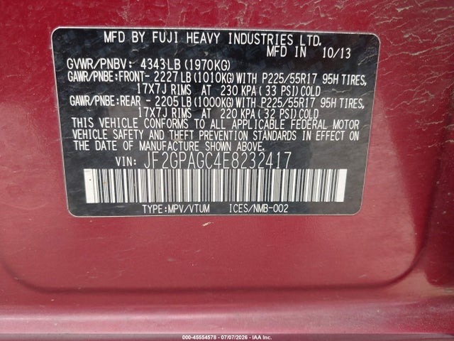 Продаж на аукціоні авто 2014 Subaru Xv Crosstrek 2.0i Limited, vin: JF2GPAGC4E8232417, номер лоту: 45554578