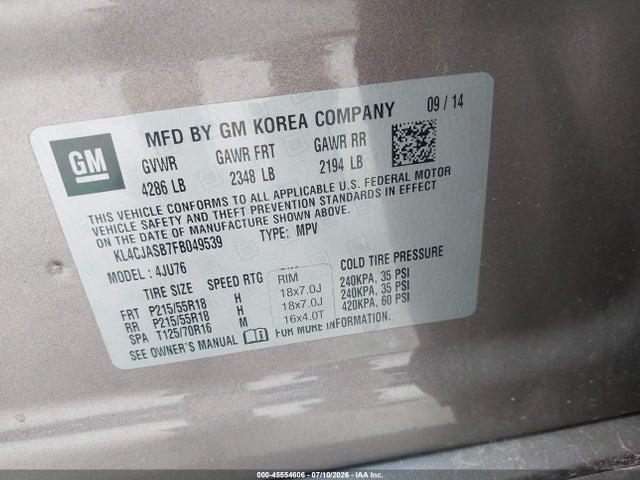 45554606 :رقم المزاد ، KL4CJASB7FB049539 vin ، 2015 Buick Encore مزاد بيع
