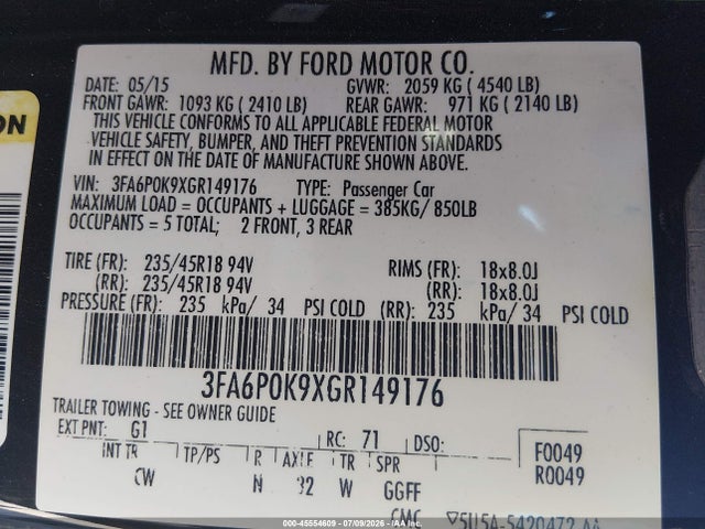 Ford Fusion Titanium 2016 3FA6P0K9XGR149176 Image 9