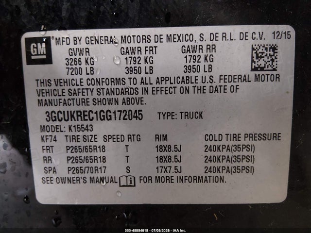 Продажа на аукционе авто 2016 Chevrolet Silverado 1500 Lt, vin: 3GCUKREC1GG172045, номер лота: 45554618