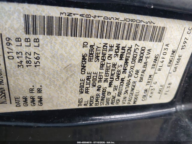 Aukcja sprzedaży 1999 Nissan Sentra Gxe/xe, vin: 3N1AB41D5XL080757, numer aukcji: 45554619