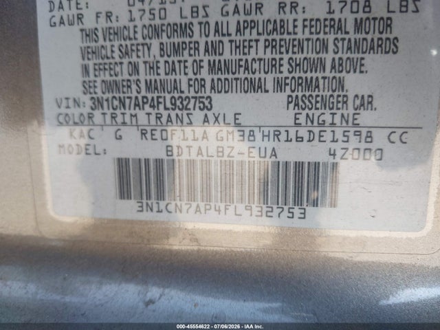 3N1CN7AP4FL932753 Nissan Versa 1.6 Sv