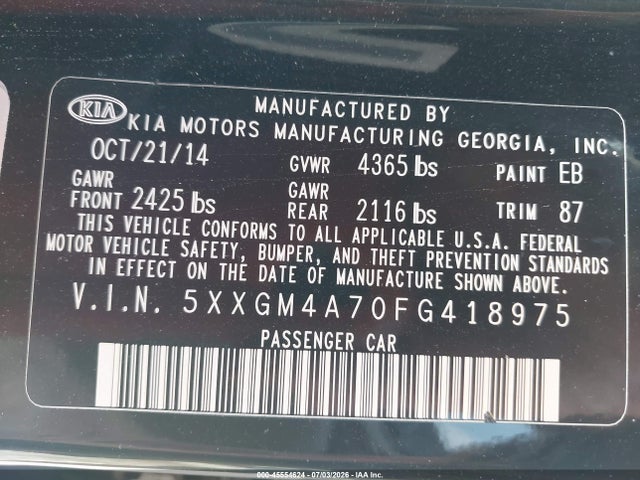 5XXGM4A70FG418975 KIA Optima Lx