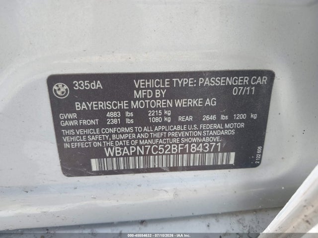 Продаж на аукціоні авто 2011 Bmw 335d, vin: WBAPN7C52BF184371, номер лоту: 45554632