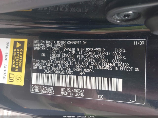 45554658 :رقم المزاد ، JTJBC1BA0A2016603 vin ، 2010 Lexus Rx 450h مزاد بيع