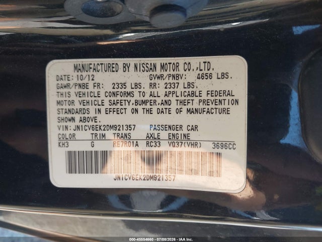 45554660 :رقم المزاد ، JN1CV6EK2DM921357 vin ، 2013 Infiniti G37 Journey مزاد بيع