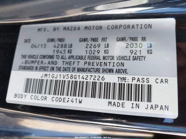 2016 Mazda Mazda6 I Touring მანქანა იყიდება აუქციონზე, vin: JM1GJ1V58G1427226, აუქციონის ნომერი: 45554672