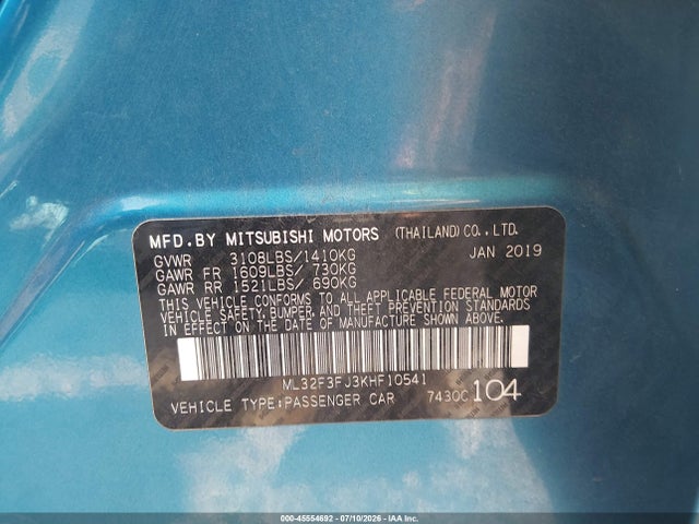 45554692 :رقم المزاد ، ML32F3FJ3KHF10541 vin ، 2019 Mitsubishi Mirage G4 Es مزاد بيع