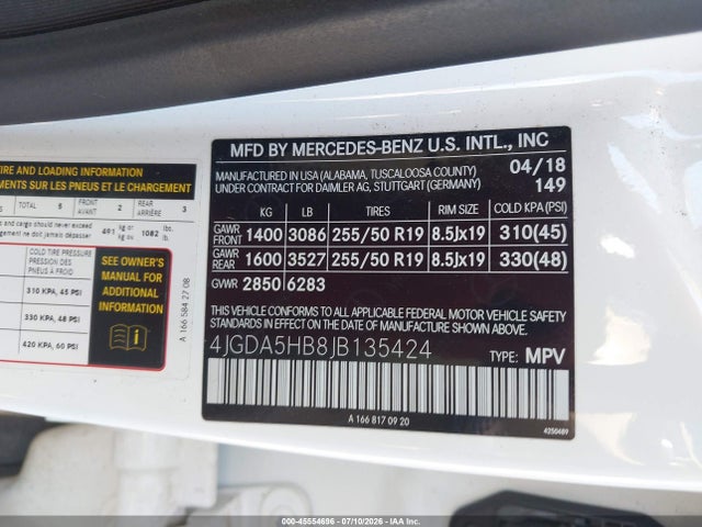 Aukcja sprzedaży 2018 Mercedes-benz Gle 350 4matic, vin: 4JGDA5HB8JB135424, numer aukcji: 45554696