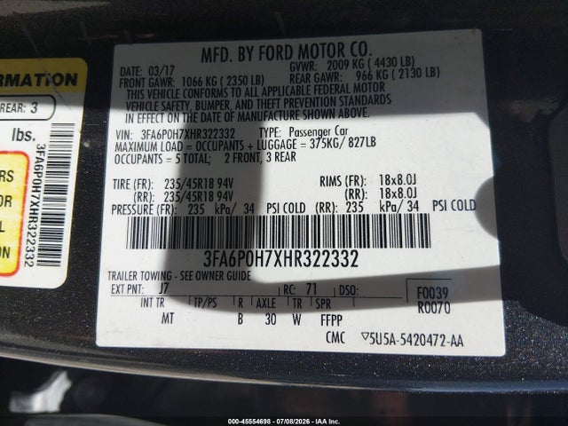 2017 Ford Fusion Se მანქანა იყიდება აუქციონზე, vin: 3FA6P0H7XHR322332, აუქციონის ნომერი: 45554698