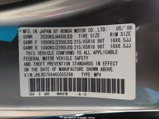 45554705 :رقم المزاد ، JHLRD78846C055298 vin ، 2006 Honda Cr-v Ex مزاد بيع