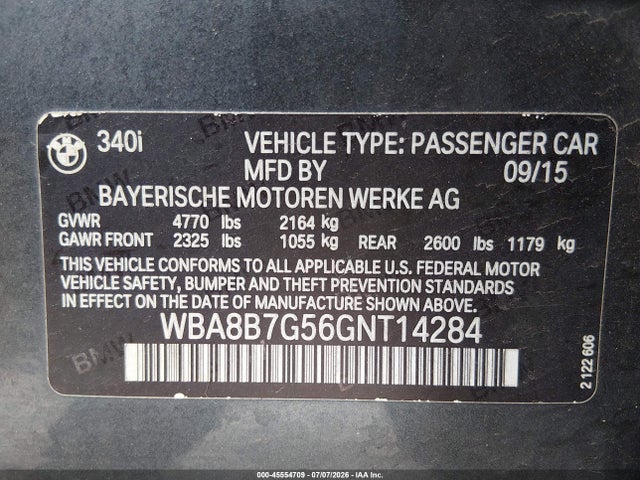 Продаж на аукціоні авто 2016 Bmw 340i Xdrive, vin: WBA8B7G56GNT14284, номер лоту: 45554709