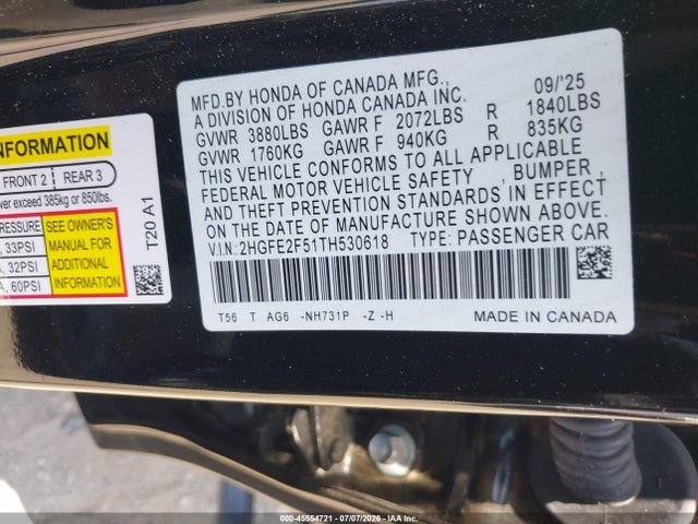 Продажа на аукционе авто 2026 Honda Civic Sport, vin: 2HGFE2F51TH530618, номер лота: 45554721