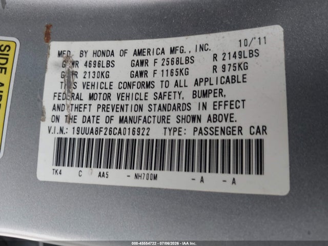 45554722 :رقم المزاد ، 19UUA8F26CA016922 vin ، 2012 Acura Tl 3.5 مزاد بيع