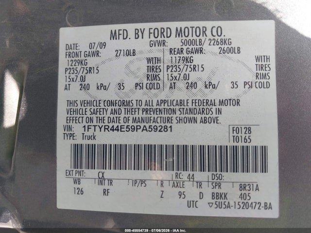 2009 Ford Ranger Sport/xlt მანქანა იყიდება აუქციონზე, vin: 1FTYR44E59PA59281, აუქციონის ნომერი: 45554739