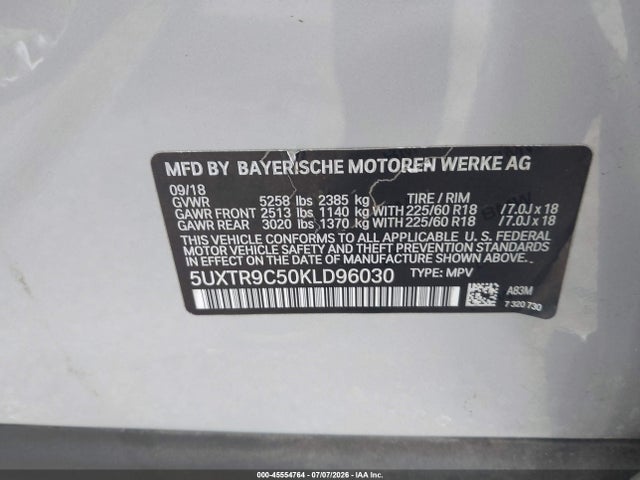 Продаж на аукціоні авто 2019 Bmw X3 Xdrive30i, vin: 5UXTR9C50KLD96030, номер лоту: 45554764