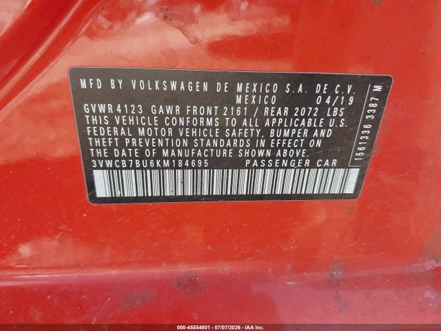 45554801 :رقم المزاد ، 3VWCB7BU6KM184695 vin ، 2019 Volkswagen Jetta 1.4t R-line/1.4t S/1.4t Se مزاد بيع