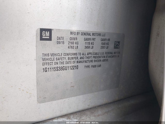 45554849 :رقم المزاد ، 1G1115S38GU112210 vin ، 2016 Chevrolet Impala 2lt مزاد بيع