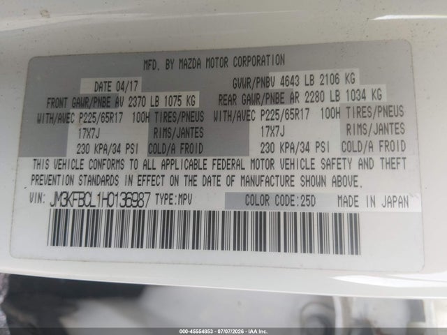 45554853 :رقم المزاد ، JM3KFBCL1H0136987 vin ، 2017 Mazda Cx-5 Touring مزاد بيع