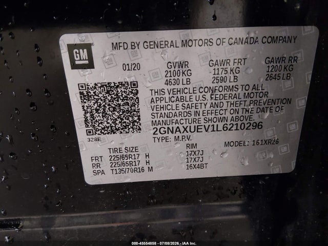 2020 Chevrolet Equinox Awd Lt 1.5l Turbo მანქანა იყიდება აუქციონზე, vin: 2GNAXUEV1L6210296, აუქციონის ნომერი: 45554858
