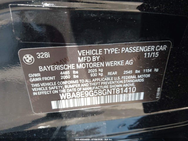 Aukcja sprzedaży 2016 Bmw 328i, vin: WBA8E9G58GNT81410, numer aukcji: 45554859