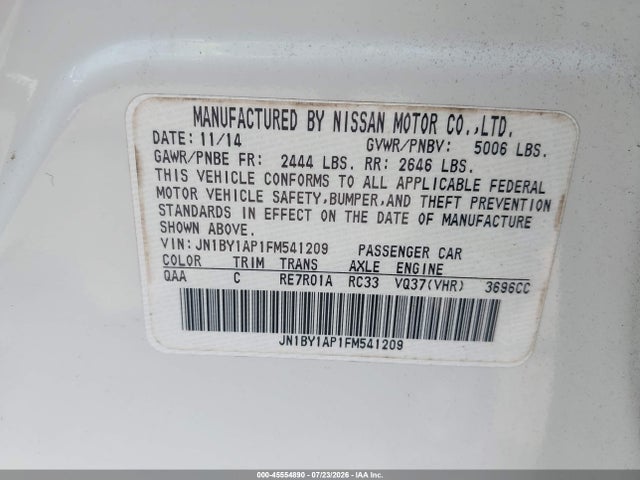 2015 Infiniti Q70 3.7 მანქანა იყიდება აუქციონზე, vin: JN1BY1AP1FM541209, აუქციონის ნომერი: 45554890