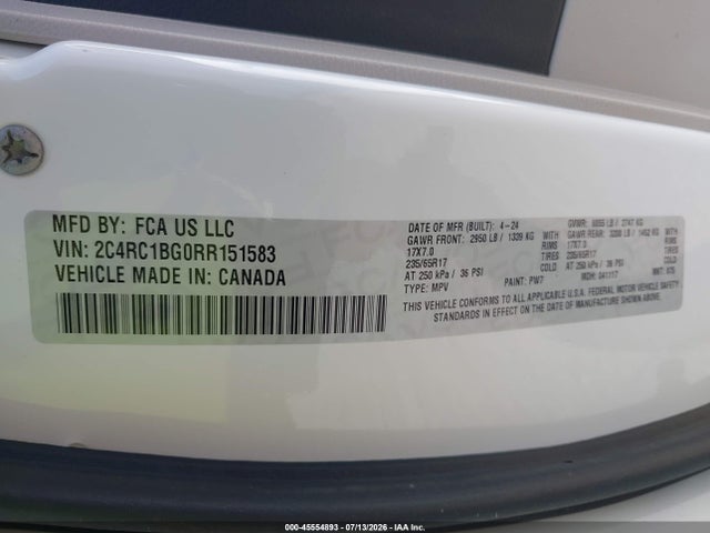 Продажа на аукционе авто 2024 Chrysler Pacifica Touring L, vin: 2C4RC1BG0RR151583, номер лота: 45554893