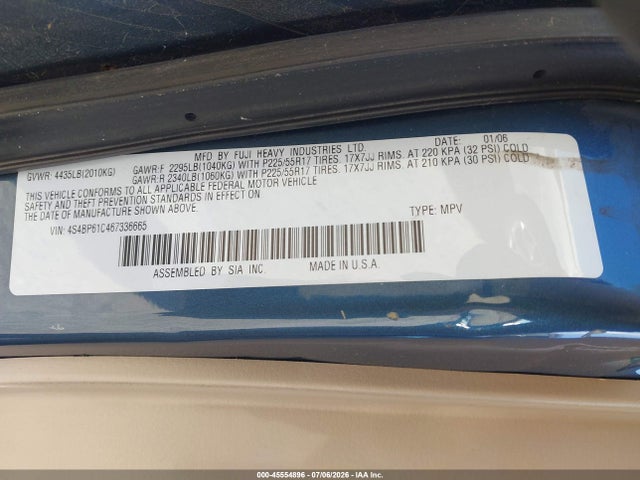 2006 Subaru Outback 2.5i მანქანა იყიდება აუქციონზე, vin: 4S4BP61C467336665, აუქციონის ნომერი: 45554896