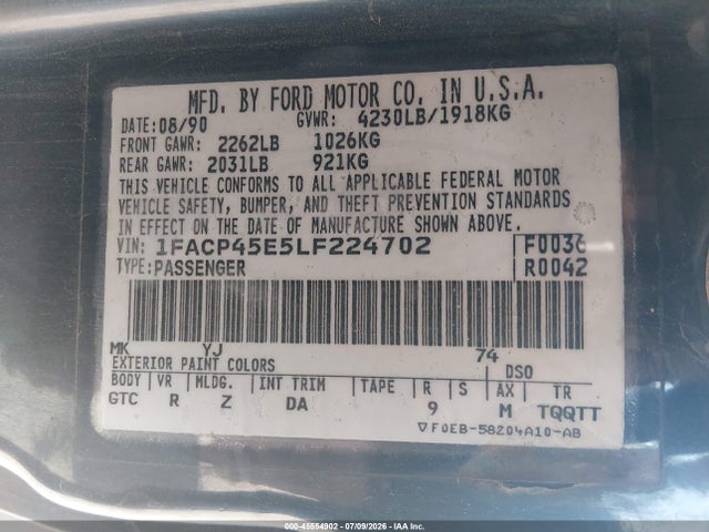 Aukcja sprzedaży 1990 Ford Mustang Gt/cobra Gt, vin: 1FACP45E5LF224702, numer aukcji: 45554902