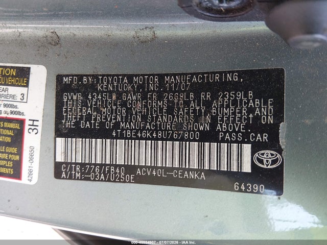 Продажа на аукционе авто 2008 Toyota Camry Le, vin: 4T1BE46K48U767800, номер лота: 45554907