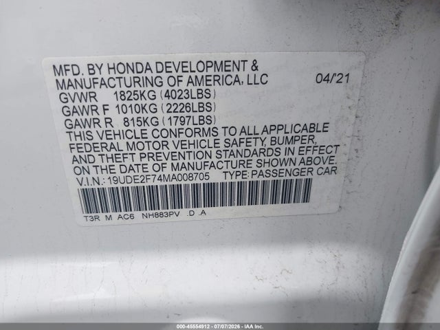 45554912 :رقم المزاد ، 19UDE2F74MA008705 vin ، 2021 Acura Ilx Premium Package/technology Package مزاد بيع