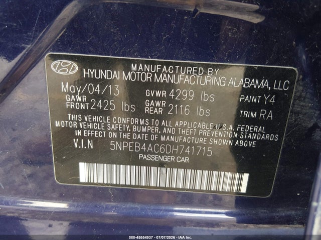 Продаж на аукціоні авто 2013 Hyundai Sonata Gls, vin: 5NPEB4AC6DH741715, номер лоту: 45554937